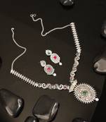 Long Alloy Antique (Oxidised) Silver Plated  White Pearl, Green & Red Stone  Necklace Set  For Women For Girls