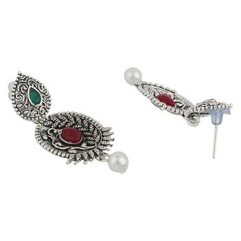 Long Alloy Antique (Oxidised) Silver Plated  White Pearl, Green & Red Stone  Necklace Set  For Women For Girls 2