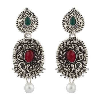 Long Alloy Antique (Oxidised) Silver Plated  White Pearl, Green & Red Stone  Necklace Set  For Women For Girls 3