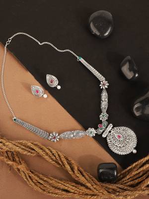 Long Alloy Antique (Oxidised) Silver Plated  White Pearl, Green & Red Stone  Necklace Set  For Women For Girls 1