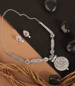 Long Alloy Antique (Oxidised) Silver Plated  White Pearl, Green & Red Stone  Necklace Set  For Women For Girls