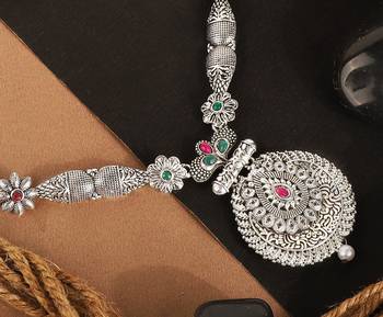 Long Alloy Antique (Oxidised) Silver Plated  White Pearl, Green & Red Stone  Necklace Set  For Women For Girls 2