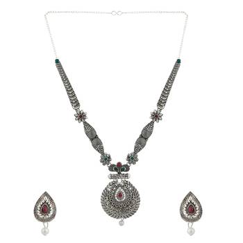 Long Alloy Antique (Oxidised) Silver Plated  White Pearl, Green & Red Stone  Necklace Set  For Women For Girls 3