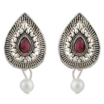 Long Alloy Antique (Oxidised) Silver Plated  White Pearl, Green & Red Stone  Necklace Set  For Women For Girls 4