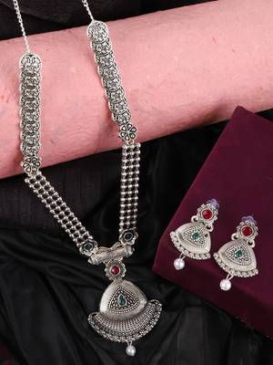 Long Alloy Antique (Oxidised) Silver Plated  White Pearl, Green & Red Stone  Necklace Set  For Women For Girls 1