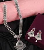 Long Alloy Antique (Oxidised) Silver Plated  White Pearl, Green & Red Stone  Necklace Set  For Women For Girls