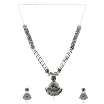Long Alloy Antique (Oxidised) Silver Plated  White Pearl, Green & Red Stone  Necklace Set  For Women For Girls 2