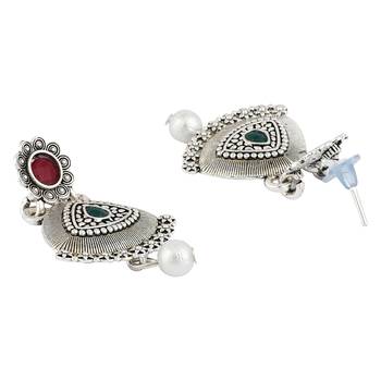 Long Alloy Antique (Oxidised) Silver Plated  White Pearl, Green & Red Stone  Necklace Set  For Women For Girls 3