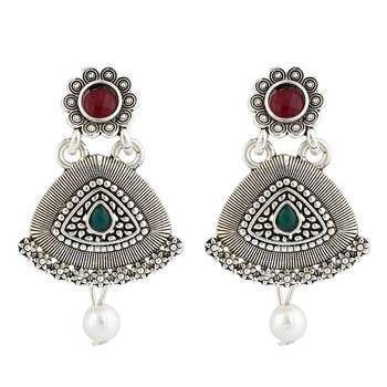 Long Alloy Antique (Oxidised) Silver Plated  White Pearl, Green & Red Stone  Necklace Set  For Women For Girls 4