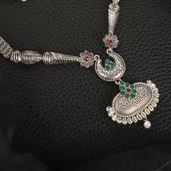 Long Alloy Antique (Oxidised) Silver Plated  White Pearl, Green & Red Stone  Necklace Set  For Women For Girls 5