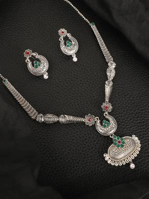 Long Alloy Antique (Oxidised) Silver Plated  White Pearl, Green & Red Stone  Necklace Set  For Women For Girls 1