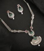 Long Alloy Antique (Oxidised) Silver Plated  White Pearl, Green & Red Stone  Necklace Set  For Women For Girls