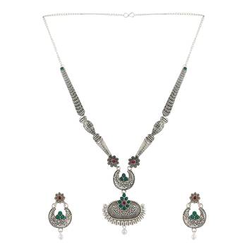Long Alloy Antique (Oxidised) Silver Plated  White Pearl, Green & Red Stone  Necklace Set  For Women For Girls 3