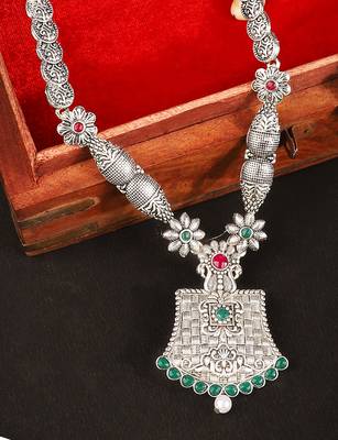 Long Alloy Antique (Oxidised) Silver Plated  White Pearl, Green & Red Stone  Necklace Set  For Women For Girls 1