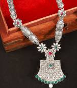 Long Alloy Antique (Oxidised) Silver Plated  White Pearl, Green & Red Stone  Necklace Set  For Women For Girls