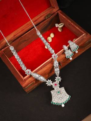 Long Alloy Antique (Oxidised) Silver Plated  White Pearl, Green & Red Stone  Necklace Set  For Women For Girls 2