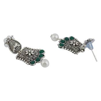 Long Alloy Antique (Oxidised) Silver Plated  White Pearl, Green & Red Stone  Necklace Set  For Women For Girls 3