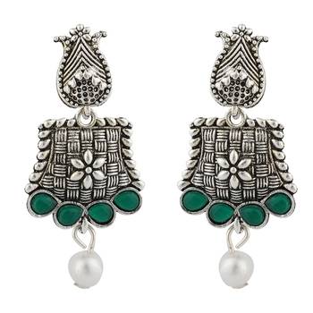 Long Alloy Antique (Oxidised) Silver Plated  White Pearl, Green & Red Stone  Necklace Set  For Women For Girls 4