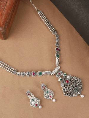 Long Alloy Antique (Oxidised) Silver Plated  White Pearl, Green & Red Stone  Necklace Set  For Women For Girls 1