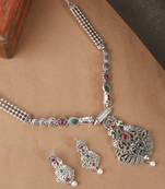 Long Alloy Antique (Oxidised) Silver Plated  White Pearl, Green & Red Stone  Necklace Set  For Women For Girls
