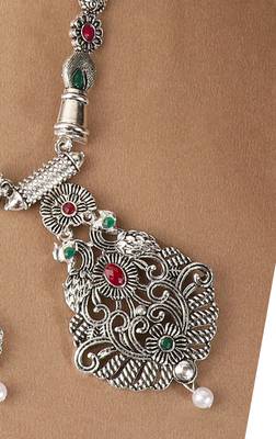 Long Alloy Antique (Oxidised) Silver Plated  White Pearl, Green & Red Stone  Necklace Set  For Women For Girls 2