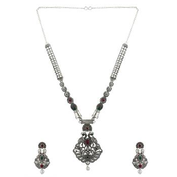 Long Alloy Antique (Oxidised) Silver Plated  White Pearl, Green & Red Stone  Necklace Set  For Women For Girls 3