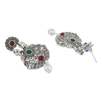 Long Alloy Antique (Oxidised) Silver Plated  White Pearl, Green & Red Stone  Necklace Set  For Women For Girls 4