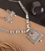 Long Alloy Antique (Oxidised) Silver Plated  White Pearl, Green & Red Stone  Necklace Set  For Women For Girls