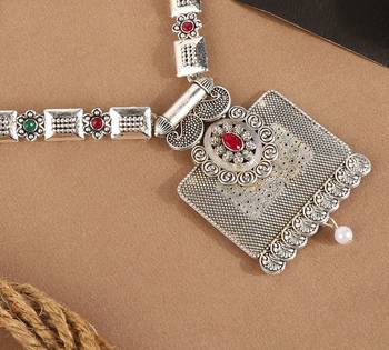 Long Alloy Antique (Oxidised) Silver Plated  White Pearl, Green & Red Stone  Necklace Set  For Women For Girls 2