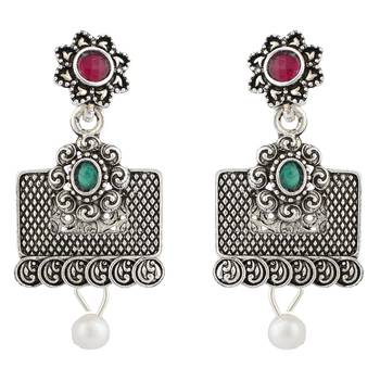 Long Alloy Antique (Oxidised) Silver Plated  White Pearl, Green & Red Stone  Necklace Set  For Women For Girls 3