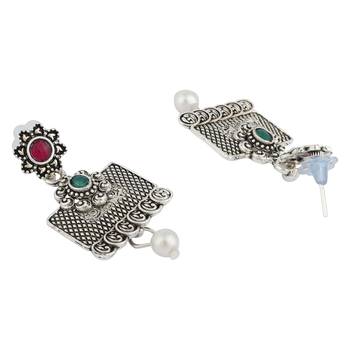 Long Alloy Antique (Oxidised) Silver Plated  White Pearl, Green & Red Stone  Necklace Set  For Women For Girls 4