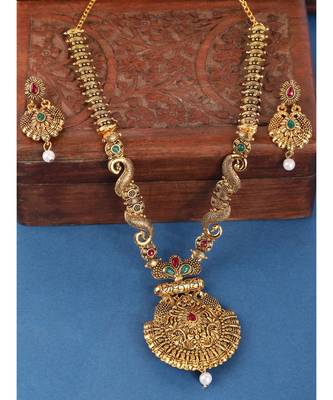 Long Alloy Antique (Oxidised) Gold Plated, Green & Red Stone  Necklace Set  For Women For Girls 1