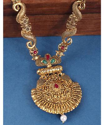 Long Alloy Antique (Oxidised) Gold Plated, Green & Red Stone  Necklace Set  For Women For Girls 2