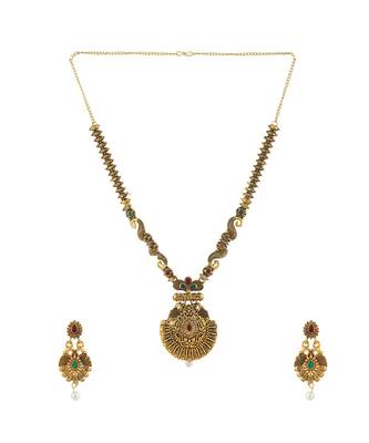 Long Alloy Antique (Oxidised) Gold Plated, Green & Red Stone  Necklace Set  For Women For Girls 4