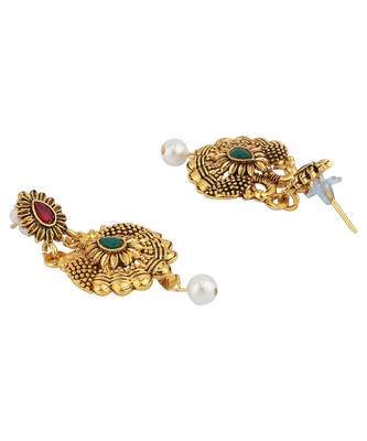 Long Alloy Antique (Oxidised) Gold Plated, Green & Red Stone  Necklace Set  For Women For Girls 5