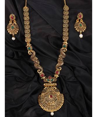 Long Alloy Antique (Oxidised) Gold Plated, Green & Red Stone  Necklace Set  For Women For Girls 1