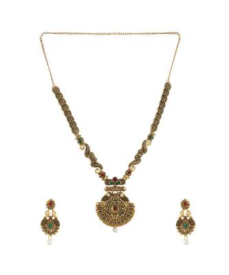 Long Alloy Antique (Oxidised) Gold Plated, Green & Red Stone  Necklace Set  For Women For Girls 2
