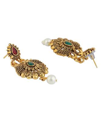 Long Alloy Antique (Oxidised) Gold Plated, Green & Red Stone  Necklace Set  For Women For Girls 3