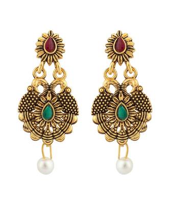 Long Alloy Antique (Oxidised) Gold Plated, Green & Red Stone  Necklace Set  For Women For Girls 4