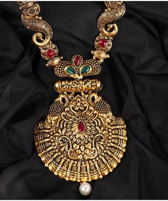 Long Alloy Antique (Oxidised) Gold Plated, Green & Red Stone  Necklace Set  For Women For Girls 5