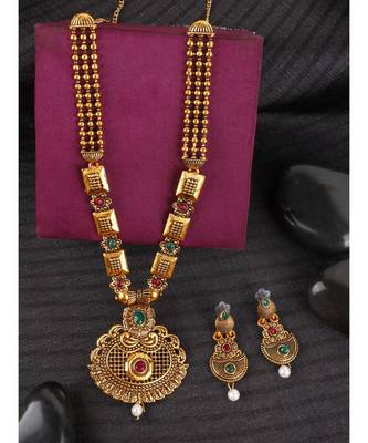 Long Alloy Antique (Oxidised) Gold Plated, Semi Round Shape Pendent Green & Red Stone  Necklace Set  For Women For Girls 1