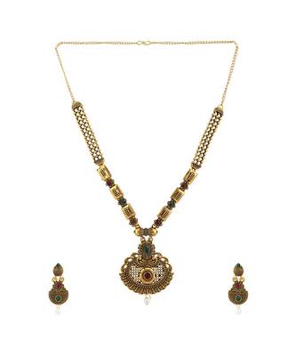 Long Alloy Antique (Oxidised) Gold Plated, Semi Round Shape Pendent Green & Red Stone  Necklace Set  For Women For Girls 2