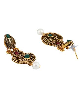 Long Alloy Antique (Oxidised) Gold Plated, Semi Round Shape Pendent Green & Red Stone  Necklace Set  For Women For Girls 3