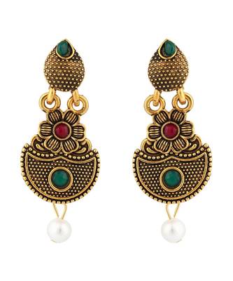 Long Alloy Antique (Oxidised) Gold Plated, Semi Round Shape Pendent Green & Red Stone  Necklace Set  For Women For Girls 4