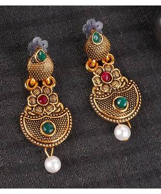 Long Alloy Antique (Oxidised) Gold Plated, Semi Round Shape Pendent Green & Red Stone  Necklace Set  For Women For Girls 5