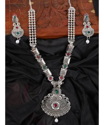 Long Alloy Antique (Oxidised) Silver Plated  White Pearl, Green & Red Stone  Necklace Set  For Women For Girls 1