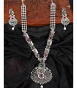 Long Alloy Antique (Oxidised) Silver Plated  White Pearl, Green & Red Stone  Necklace Set  For Women For Girls