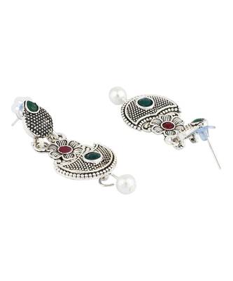 Long Alloy Antique (Oxidised) Silver Plated  White Pearl, Green & Red Stone  Necklace Set  For Women For Girls 2