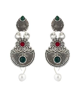 Long Alloy Antique (Oxidised) Silver Plated  White Pearl, Green & Red Stone  Necklace Set  For Women For Girls 3