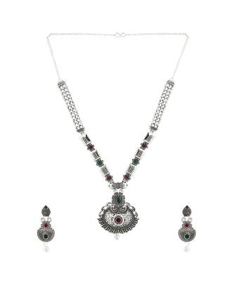 Long Alloy Antique (Oxidised) Silver Plated  White Pearl, Green & Red Stone  Necklace Set  For Women For Girls 4